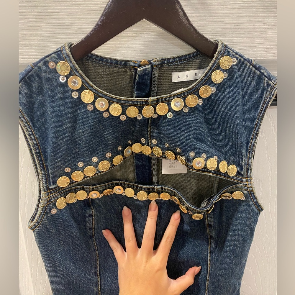 NWT AREA Dark Blue Denim Mini Dress with Gold Jewel Trim, US 6 - Picture 4 of 8